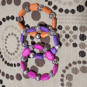 3 Bracelet Set of Stretch Bead Magenta, Purple and Orange Rose Bracelets